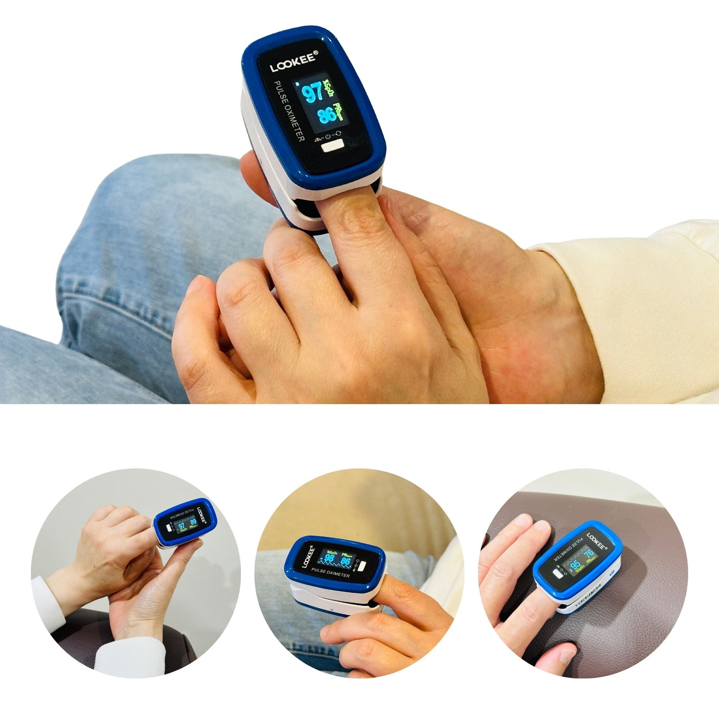 LOOKEE® LK50D1 Deluxe Finger Pulse Oximeter | Blood Oxygen Saturation Monitor with Auto-Rotate Screen, Plethysmograph Waveform | Batteries Included