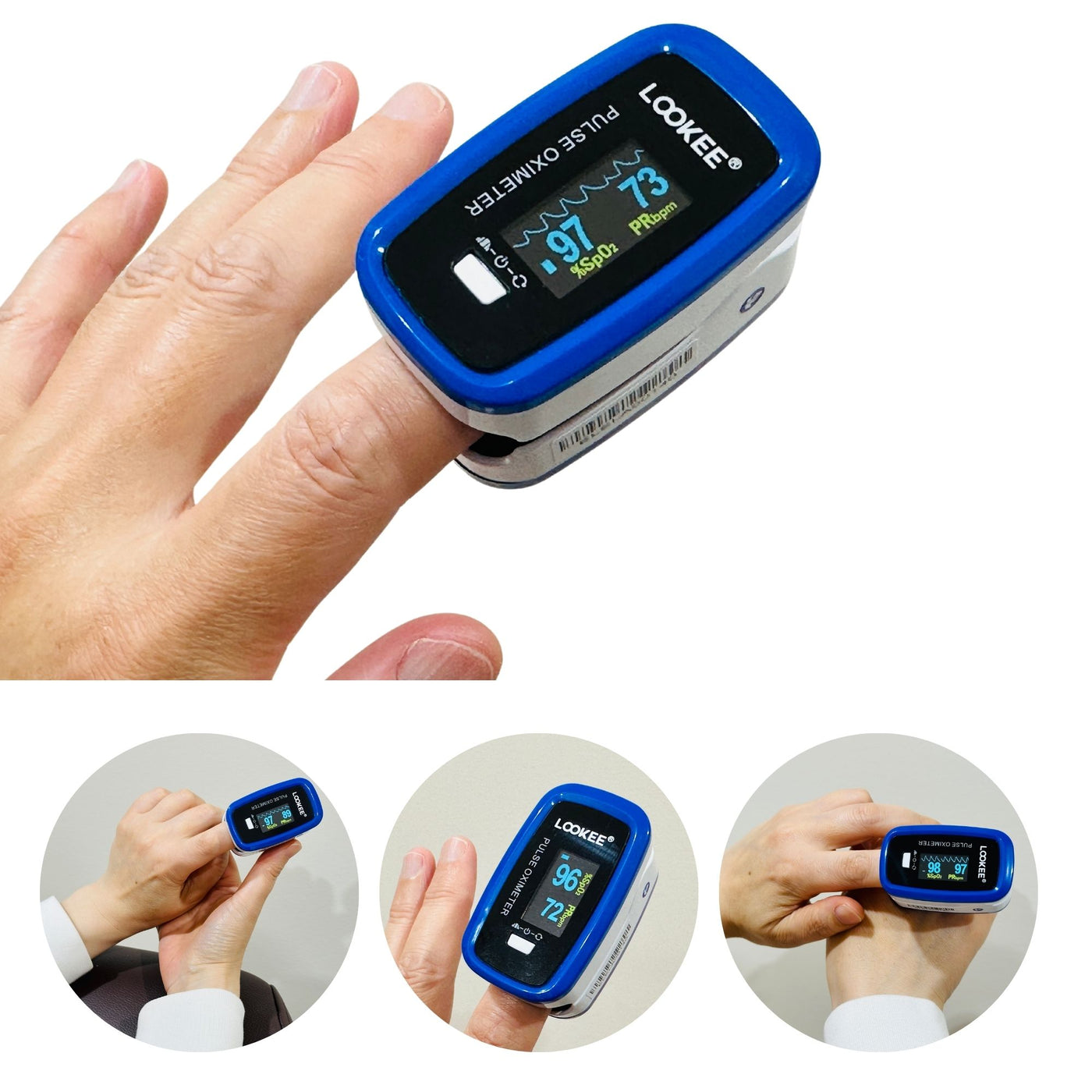 LOOKEE® LK50D1 Deluxe Finger Pulse Oximeter | Blood Oxygen Saturation Monitor with Auto-Rotate Screen, Plethysmograph Waveform | Batteries Included