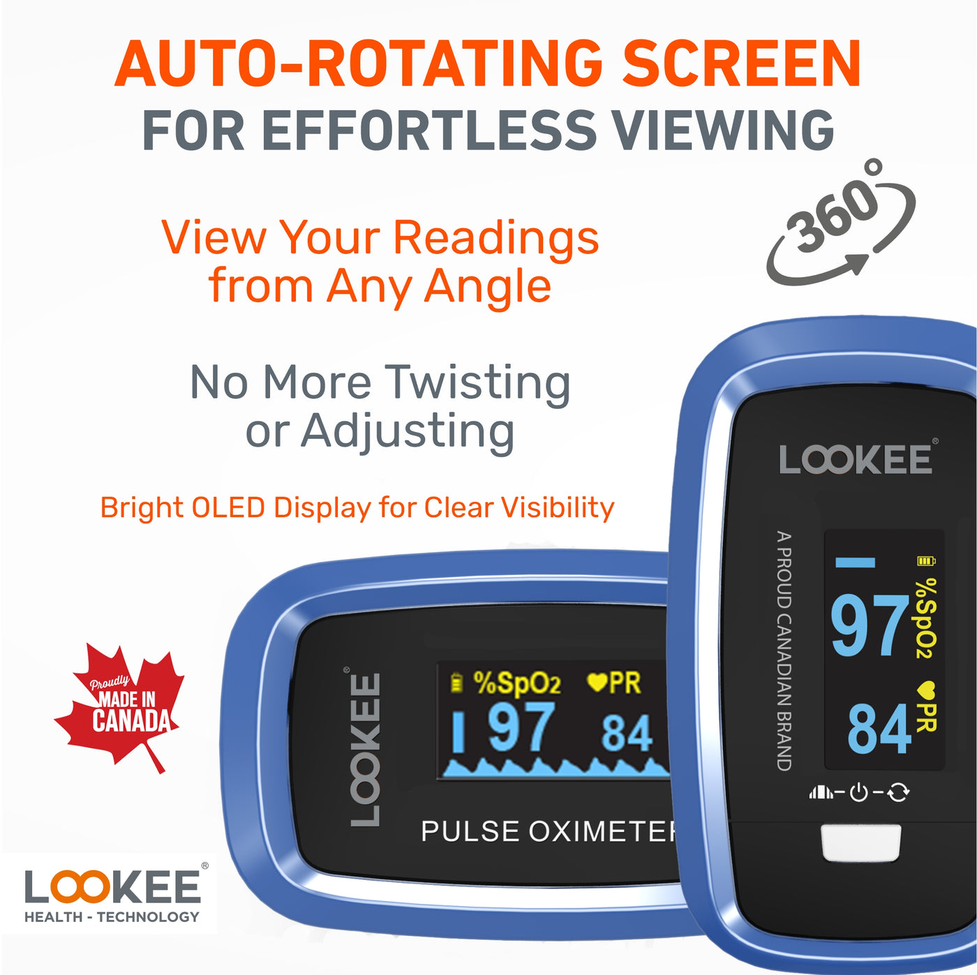 LOOKEE® Finger Pulse Oximeter | Auto-Rotating Screen | LK50D1 Deluxe Finger Pulse Oximeter